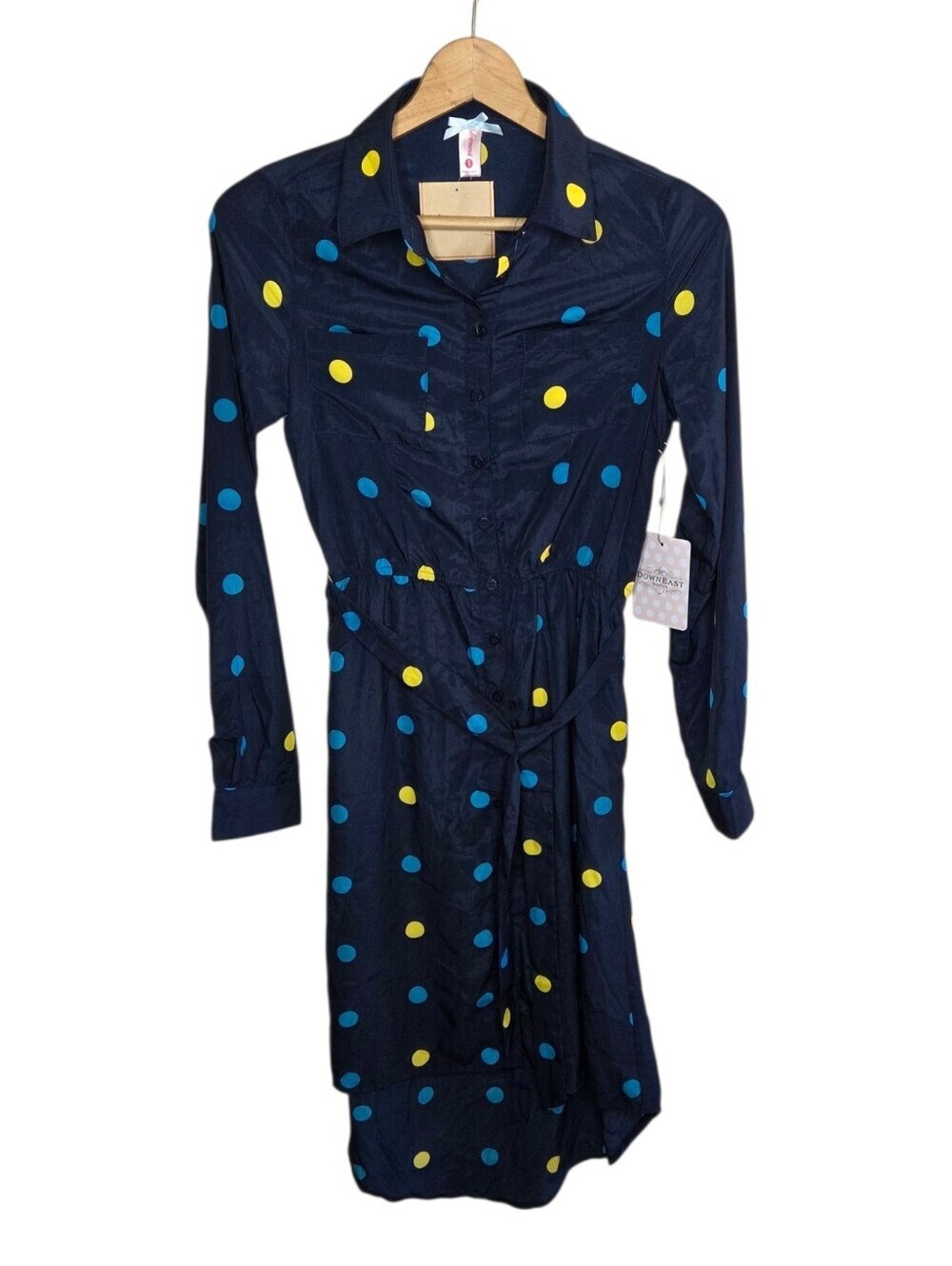 Downeast Basics Navy Yellow Blue Polka Dot Shirt Dress Size Small NEW